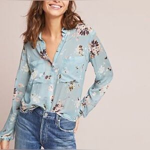 NWT Anthropologie Cloth & Stone Blue Floral Long Sleeve Lightweight Blouse Small